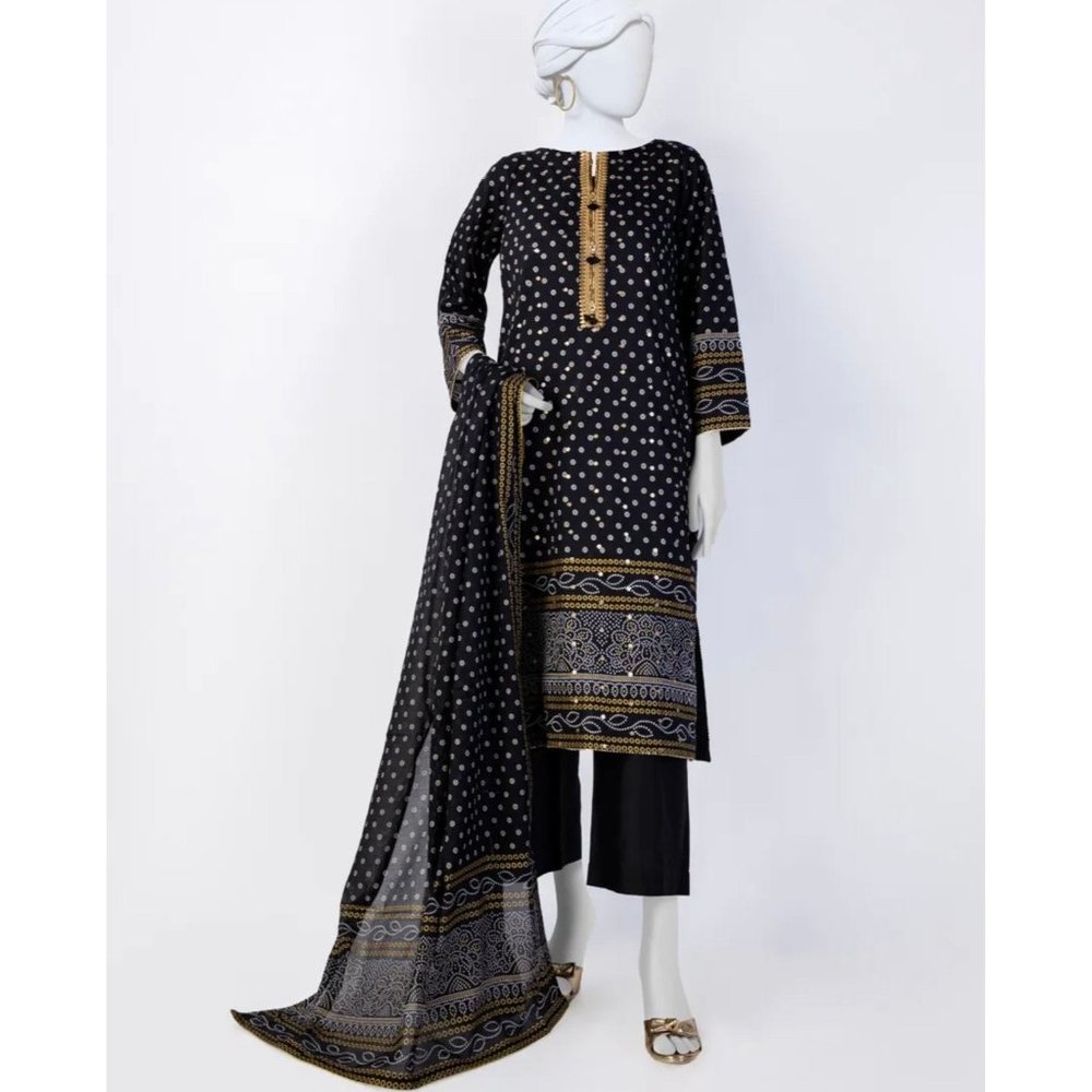 Pakistani Junaid Jamshed Chunri black lawn printed Shalwar Kameez Embroidery XL
